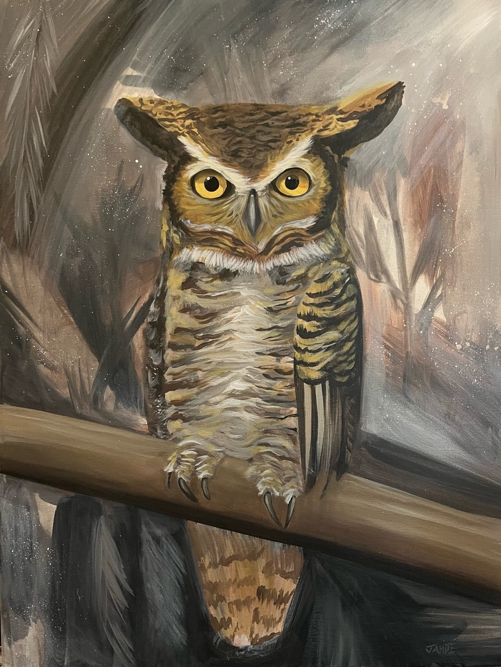 Hand-Painted Owl Wall Art in Brown and Gold. Painting by Jahde Art. 18”x24”